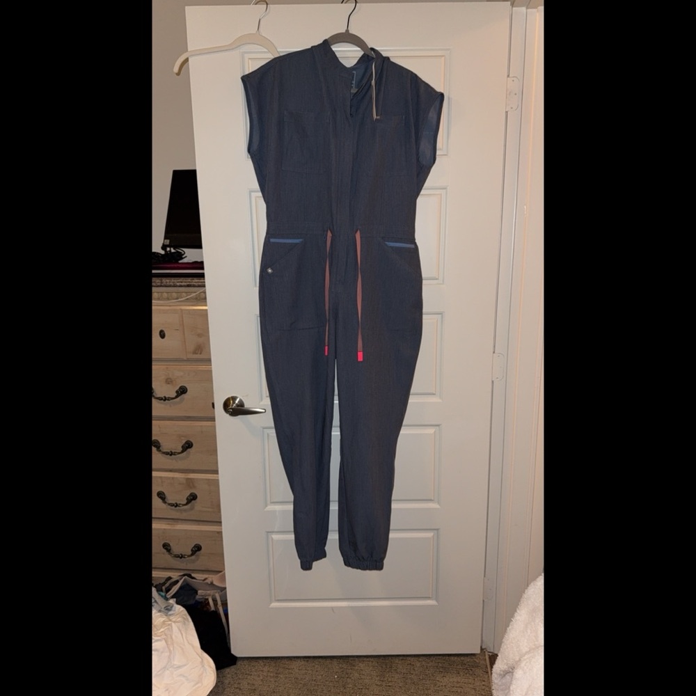 Figs Heather Denim Jumpsuit with High Collar and Tapered Ankle Fit